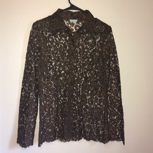 Cynthia Rose XS Brown Sheer Lace Button Down $289